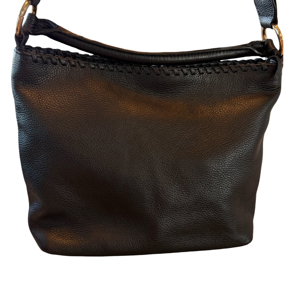 Tommy Bahama Black Pebble Leather Shoulder Bag with Front Zip-Dual Straps - Picture 2 of 6